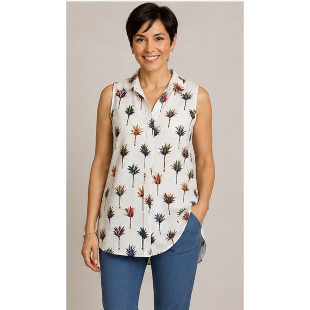 For‎ Cynthia ST7299-42M Top Women M Ivory Palm Tree Print Linen Blend Pockets